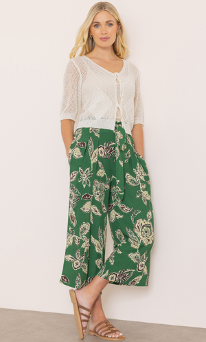Botanical Printed Wide Leg Cropped Trousers - Khaki