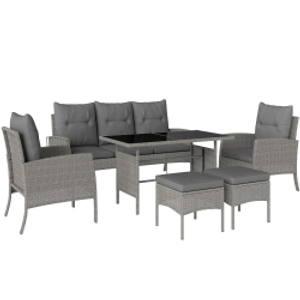 Outsunny 7 Seater Rattan Garden Furniture Set, 6 Piece Patio Dining Set, Armchairs, 3-Seater Sofa, Footstools, Glass Dining Table, Cushions, Wicker Outdoor Furniture for Conservatory Patio, Grey