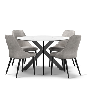 Venice White Ceramic Round Dining Table + 4 Aria Dining Chairs in Light Grey with Black Metal Legs