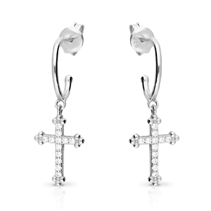 Signature Silver CZ Cross Drop Hoop Earrings