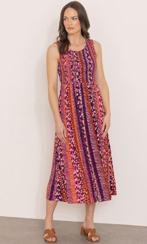 Abstract Print Smocked Midaxi Dress - Black/Pink