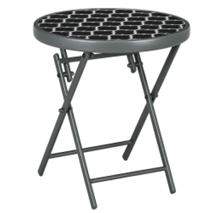 Outsunny Φ45cm Garden Side Table, Outdoor Round Folding Patio Table with Imitation Marble Glass Top, Small Coffee Table, Black and White