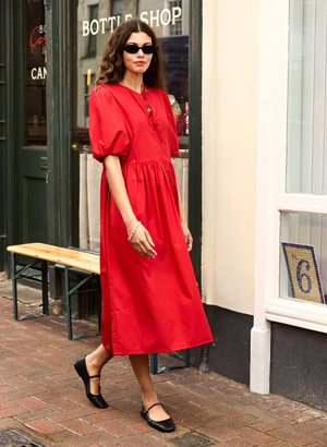 Rose Organic Cotton Tie Midi Dress - UK 16 | EU 42 | US 12 / Crimson Red