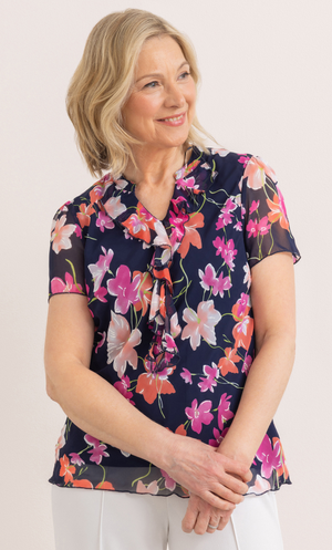 Anna Rose Floral Print Ruffle Top - Midnight Multi