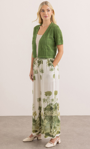 Wide Leg Botanical Print Trousers - White/Khaki