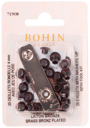 Boite 25 oeillets 4 mm avec rondelles et jeu de pose Bohin - Bronze