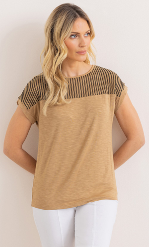 Crochet Knit Panel Jersey Top - Beige