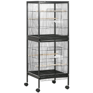 PawHut Jaula para Pájaros de 2 Niveles con Ruedas Bandejas Extraíbles Puertas Comederos Perchas 51,5x50x140 cm Negro