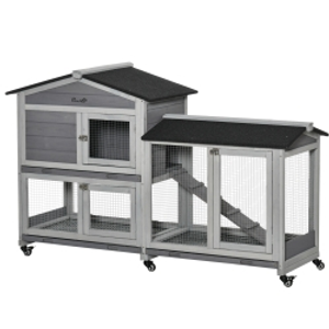 PawHut Conejera Exterior 157,4x53x99,5cm Jaula para Conejos Grande con Ruedas Techo Asfáltico Bandejas Extraíbles y Rampa Gris
