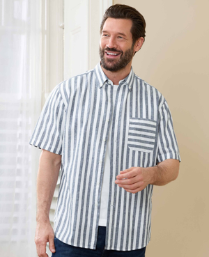 Navy White Bold Stripe Linen Cotton Classic Fit Short Sleeve Shirt