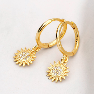 Signature Gold Plated CZ Sun Charm Huggie Hoop Earrings