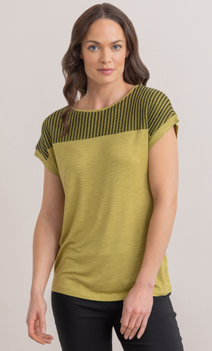 Crochet Knit Panel Jersey Top - Khaki