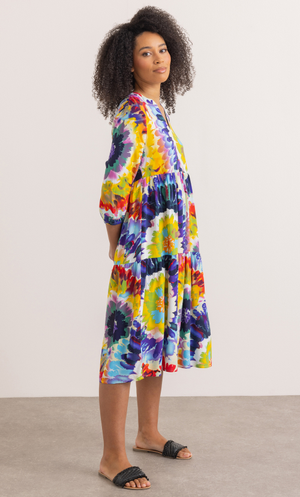 Bold Floral Printed Loose Fit Dress - Blue/Yellow/Multi