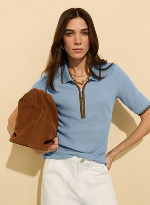 Naomi Organic Rib Zip Collar Top - 12 (UK Size 12) / Fresh Blue & Milk Chocolate