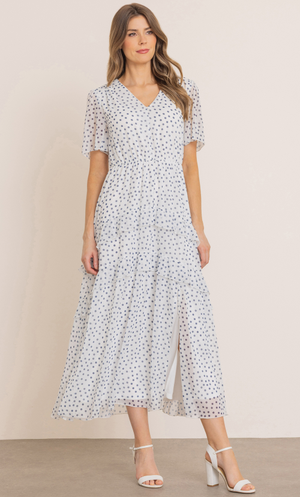 Spotty Short Sleeve Maxi Dress - Ivory/Midnight