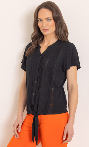 Tie Front Short Sleeve Blouse - Black