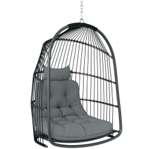 Outsunny Hanging Egg Chair, Foldable Rattan Garden Swing Chair with Installation Kit, Thickened Cushion and Headrest, Indoor Outdoor Hanging Egg Basket Seat for Patio, Porch, Dark Grey