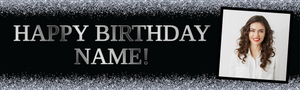 Personalised Party Banner - Black &amp; Silver - Custom Text &amp; 1 Photo