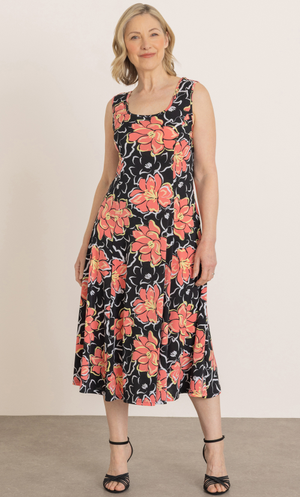 Anna Rose Floral Print Sleeveless Midi Dress - Black/Coral