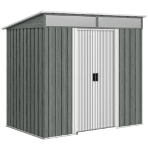 Outsunny 6.5 x 4FT Galvanised Metal Shed with Foundation Kit, Lockable Tool Garden Shed with Double Sliding Doors, Vents, Light Grey Wood Effect