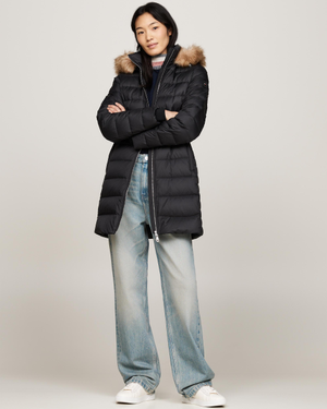 Tommy Hilfiger Tyra Long Down Faux Fur Womens Jacket - Black