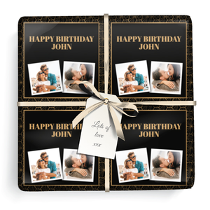 Personalised Birthday Wrapping Paper - Black &amp; Gold Art Deco -  Add Text &amp; 2 Photos