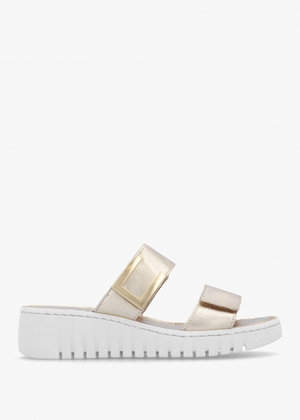 Lorli Gold Leather Two Strap Low Wedge Sandals