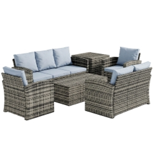 Outsunny 6 Pieces Rattan Garden Furniture Set, 7 Seater Wicker Outdoor Furniture Set with Storage Tea Table & Side Table, Sectional Garden Sofa Set with Cushions, Grey
