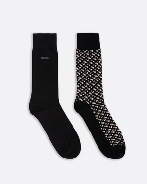BOSS Orange Monogram Mens 2 Pack Regular Length Cotton Blend Socks - Black 001
