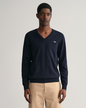 GANT Mens Classic Cotton V-Neck Jumper - 433 Evening Blue