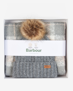 Barbour Saltburn Beanie & Tartan Scarf Set - Grey Rose