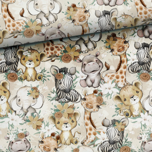 Tissu coton premium - Bébés animaux fleurs