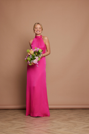 Tilly Satin High Neck Bridesmaid Dress - Hot Pink