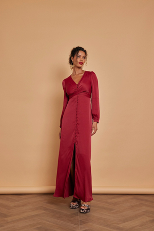 Kitty Satin V Neck Bridesmaid Dress - Burgundy