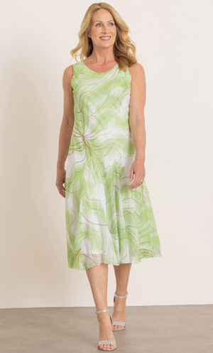 Anna Rose Printed Bias Cut Printed Midi Dress - Ivory/Lime