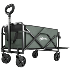 Outsunny Carro de Jardín Plegable con Mango Telescópico Ajustable Puerta Trasera Expandible para Campaña y Compra Verde