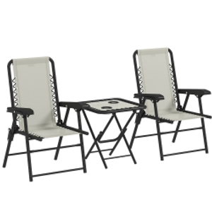 Outsunny Conjunto de Jardín 3 Piezas Plegable con 2 Sillas 61x65x91cm y Mesa de 50x50x50cm Metal y Textilene para Exterior Crema
