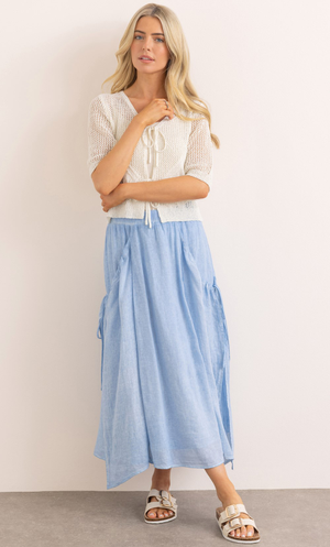 Linen Blend Pull On Midi Skirt - Blue