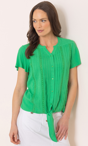 Tie Front Short Sleeve Blouse - Green