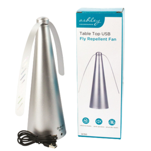 Table Top USB Fly Repellent Fan with Reflective Blades – Battery or USB Powered – Silver
