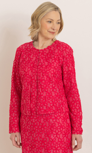 Anna Rose Textured Floral Lace Peplum Jacket - Punch