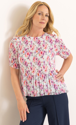 Anna Rose Floral Print Pleated Top - White Multi
