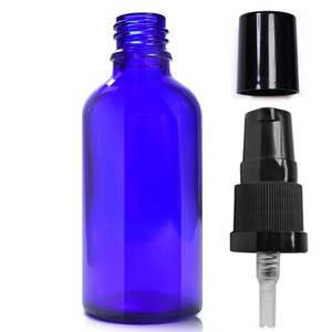 50ml Blue Glass Skincare Bottle With Lotion Pump - Black (Black Overcap)