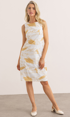 Embroidered Cotton Shift Dress - Ecru/Gold