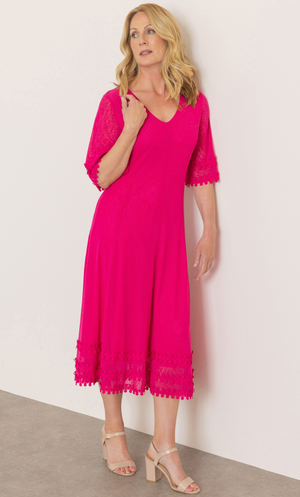 Anna Rose Crochet Trim Mesh Midi Dress - Fuschia