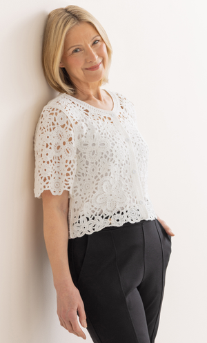Anna Rose Embellished Short Sleeve Crochet Cardigan - White