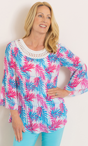 Anna Rose Leaf Print Pleated Top - White/Multi