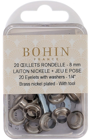 Boite 20 oeillets 8 mm avec rondelles et jeu de pose Bohin - Argent