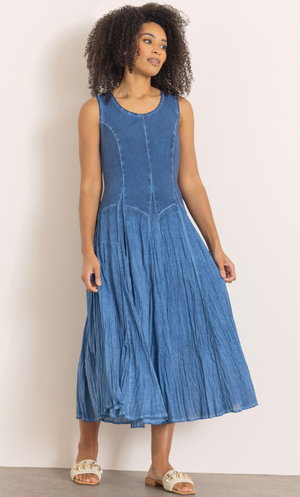 Sleeveless Cotton Blend Parachute Dress - Denim Blue
