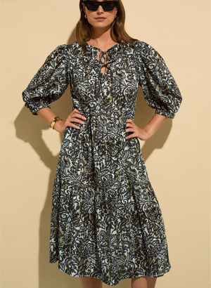 Mathilda Organic Cotton Kaftan Dress - UK 14 | EU 40 | US 10 / Black Stencil Print